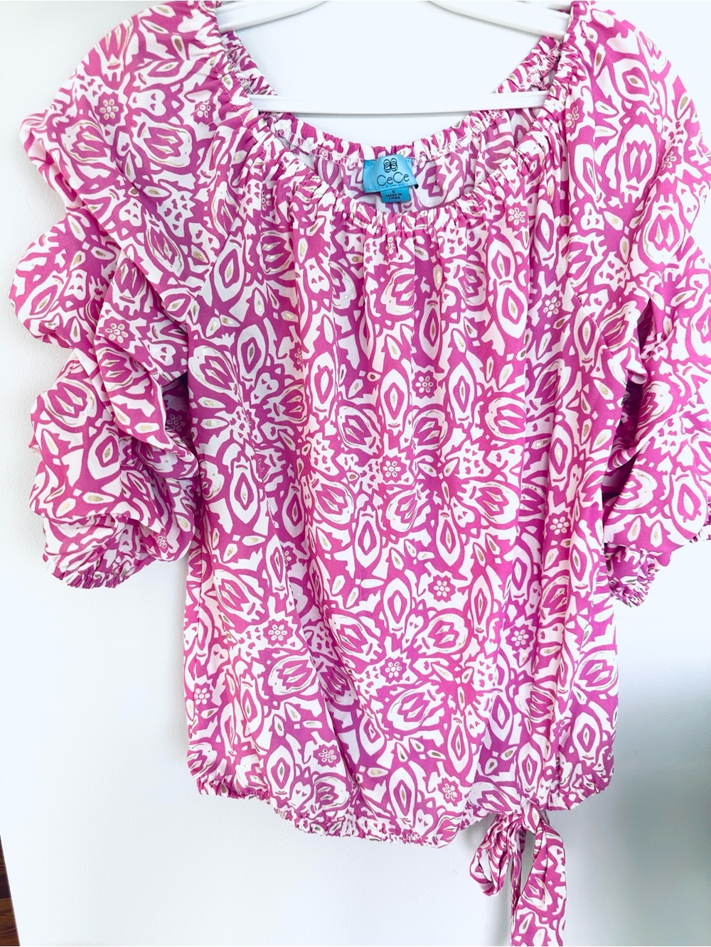 CeCe Pink Gold Metallic Abstract On or Off Shoulder Ruffle Sleeve Blouse Small